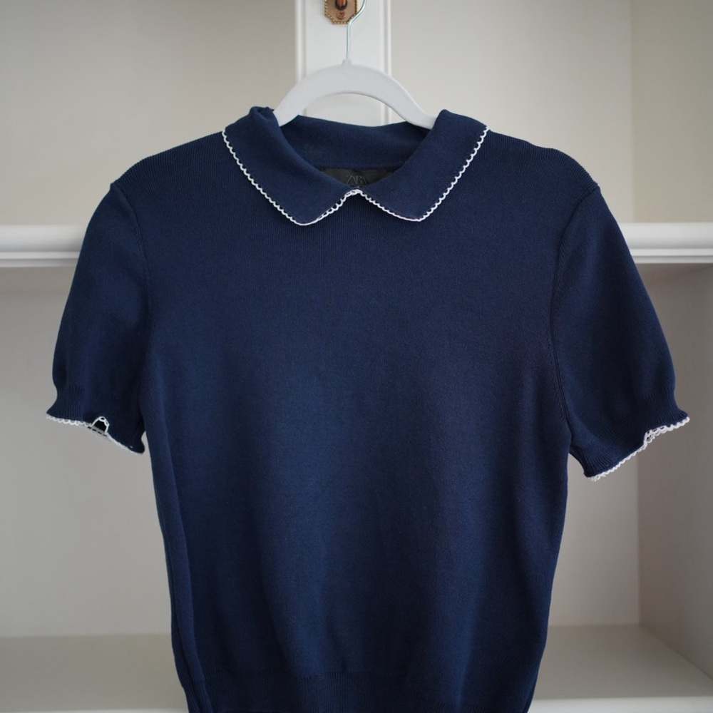 Zara Navy Blue Collared Knit Top